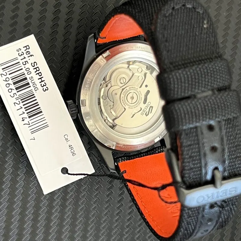 Seiko 5 Sports Black Dial Black Nylon Men's Watch- SRPH33